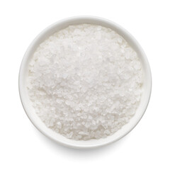 Coarse sea salt in white bowl isolated on white. Top view.