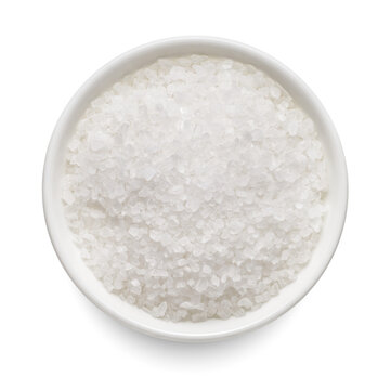 Coarse Sea Salt In White Bowl Isolated On White. Top View.