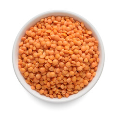 Orange lentil in white bowl isolated on white. Top view.