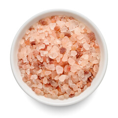 Fototapeta na wymiar Pink Himalayan fine salt in white bowl isolated on white. Top view.