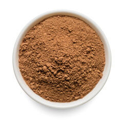 Cocoa powder in white bowl isolated on white. Top view.