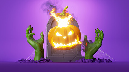 3d render, burning pumpkin with angry face, jack lantern and scary green zombie arms show out of the ground in front of the gravestone, halloween illustration isolated on purple background