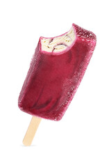 Bitten purple fruity popsicle ice cream isolated on white.