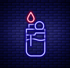 Glowing neon line Lighter icon isolated on brick wall background. Colorful outline concept. Vector