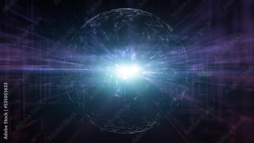 Poster digital shine 3d sphere network loop animation on dark black copy space background.