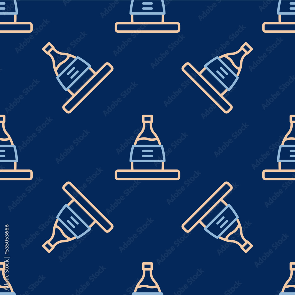 Sticker Line Bottle of sake icon isolated seamless pattern on blue background. Vector