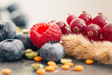 Natural background with different wild berries, macro shot.