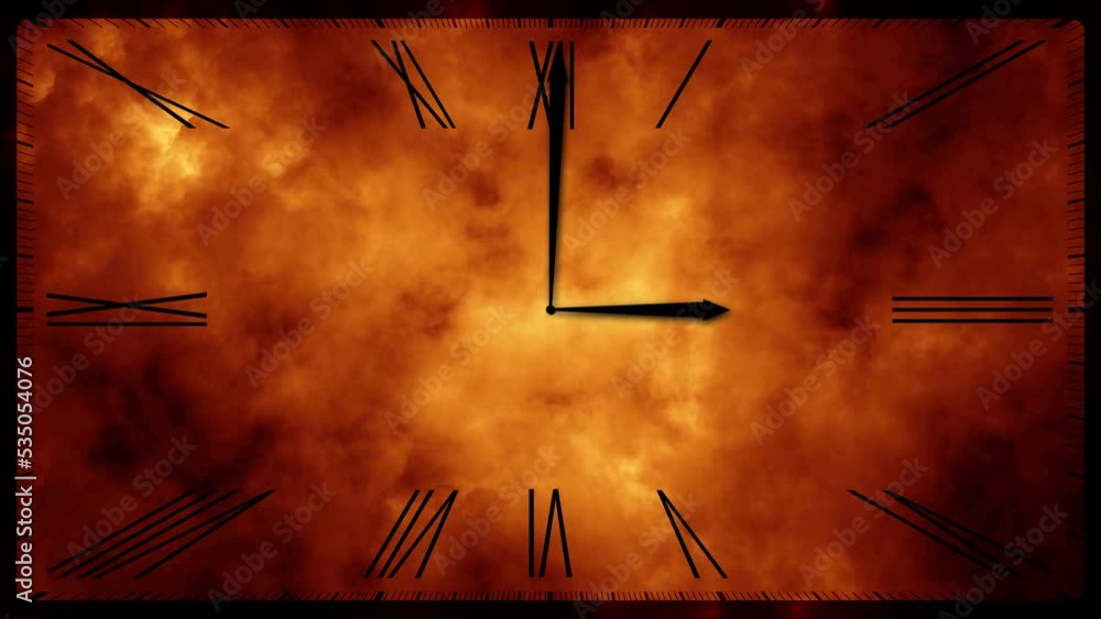 Poster looped time clock motion with dark red fire flames background animation.