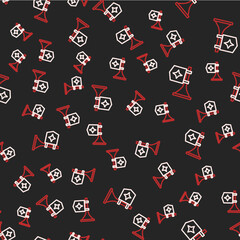 Line Trumpet with flag icon isolated seamless pattern on black background. Musical instrument trumpet. Vector