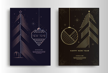 Happy New Year greeting card design with stylized Christmas tree and gold decoration on dark background. Merry Christmas Golden line illustration