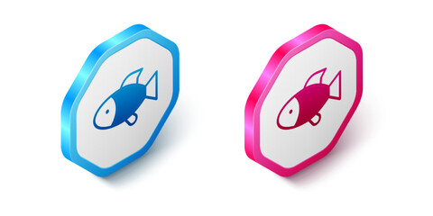 Isometric Fish icon isolated on white background. Hexagon button. Vector