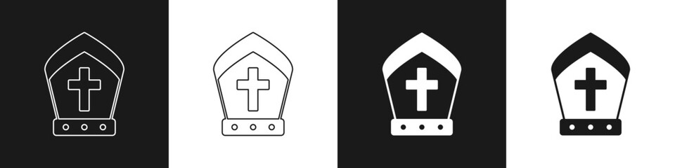 Set Pope hat icon isolated on black and white background. Christian hat sign. Vector