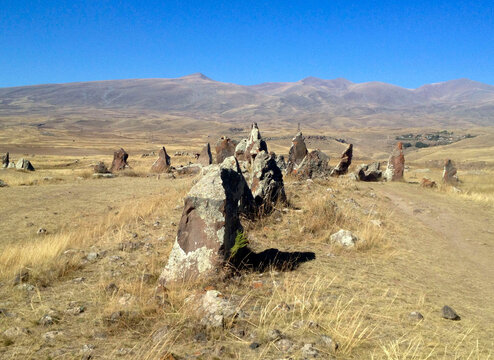 Famous Armenian sightseeing Carahunge or Karahunj or Qarahunj or Zorats Karer. Prehistoric megalithic complex near the town of Sisian in the Syunik Province of Armenia. Armenian Stonehenge