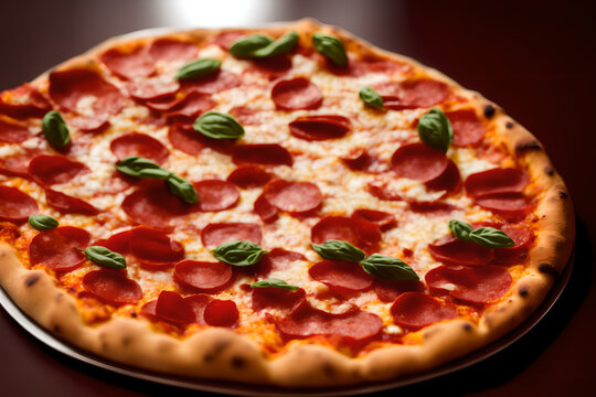Angled view of delicious, juicy pizza with pepperoni and basil - fast food item
