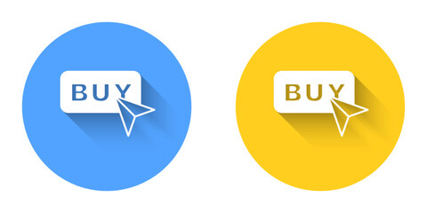 White Buy button icon isolated with long shadow background. Circle button. Vector