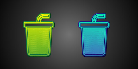 Green and blue Paper glass with drinking straw and water icon isolated on black background. Soda drink glass. Fresh cold beverage symbol. Vector