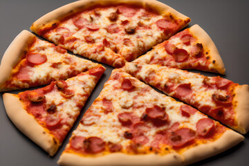 Medium shot of delicious, juicy pizza with cheese and meat - fatty fast food