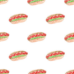 Hot dog watercolor seamless pattern on white background