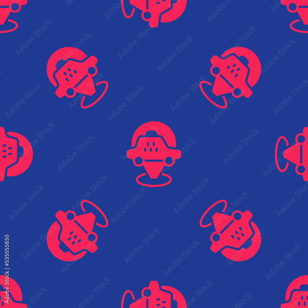 Poster red map pointer with taxi car icon isolated seamless pattern on blue background. location symbol. ve