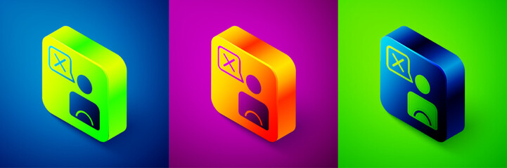 Isometric Taxi driver icon isolated on blue, purple and green background. Square button. Vector - obrazy, fototapety, plakaty