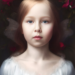Portrait of a young fairy princess with fairy wings. Fantasy art, digital painting with custom trained AI models. Model release with reference image included . 