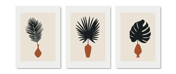 Set of tropical leaves in vases in boho style. Minimalistic illustration in earthy tones for decorating walls, booklets, postcards. Drawn by hand.