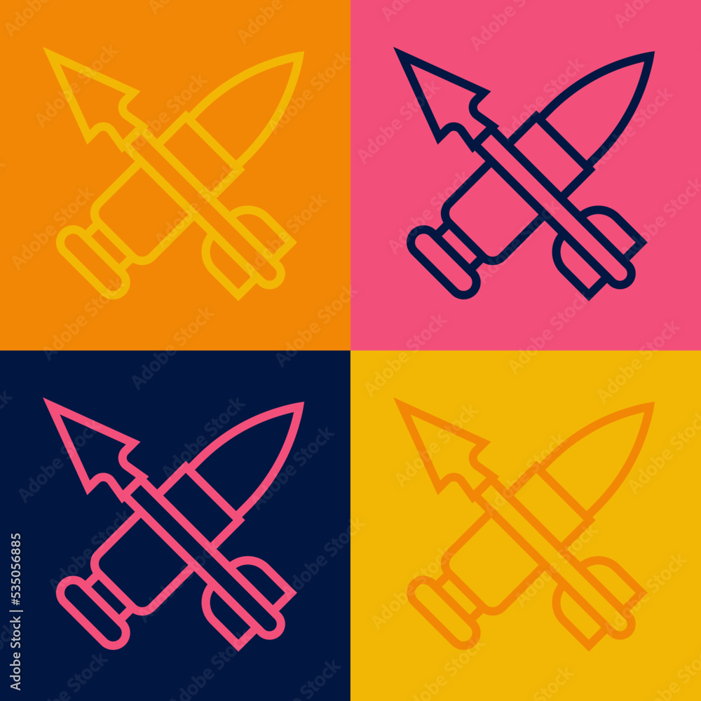 Poster pop art line crossed bullet with arrow icon isolated on color background. vector