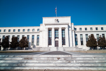 The Marriner S. Eccles Federal Reserve Board Building in Washington, D.C. on a sunny winter day....