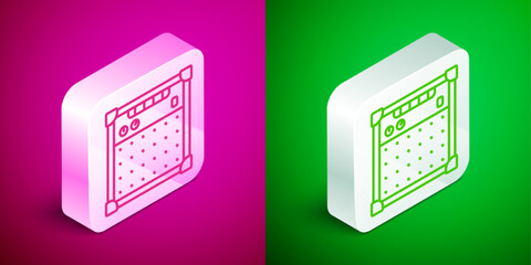 Isometric line Guitar amplifier icon isolated on pink and green background. Musical instrument. Silver square button. Vector