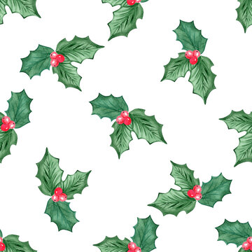 Watercolor holly leaves decor seamless pattern no white