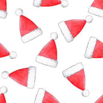 Watercolor red santa hats seamless pattern on white background