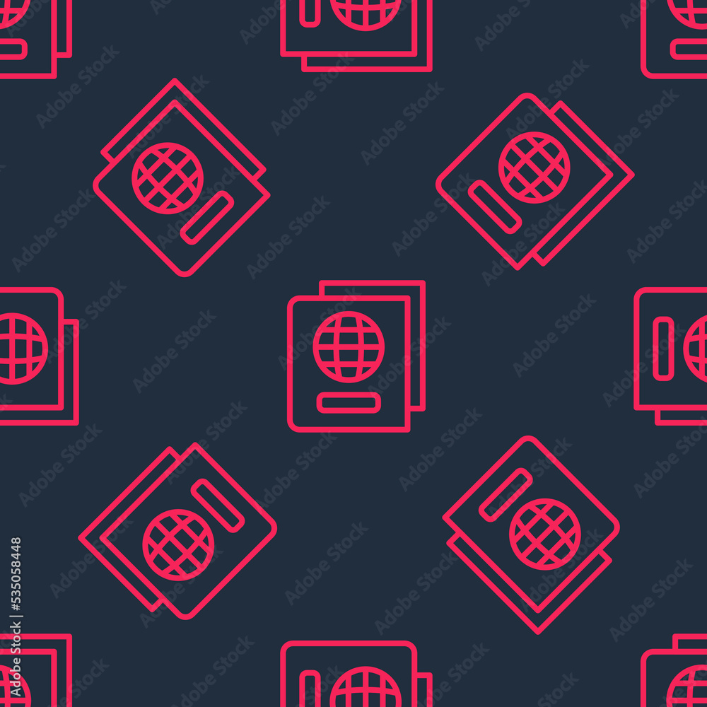 Poster red line passport with biometric data icon isolated seamless pattern on black background. identifica