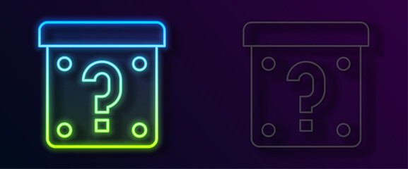 Glowing neon line Mystery box or random loot box for games icon isolated on black background. Question mark. Unknown surprise box. Vector