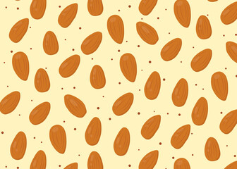 Fototapeta na wymiar Seamless pattern of almonds on a beige background. Vector illustration of nuts in a flat cartoon sty