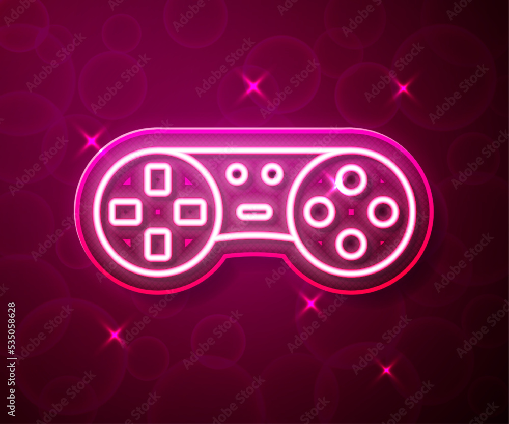 Poster glowing neon line game controller or joystick for game console icon isolated on red background. vect