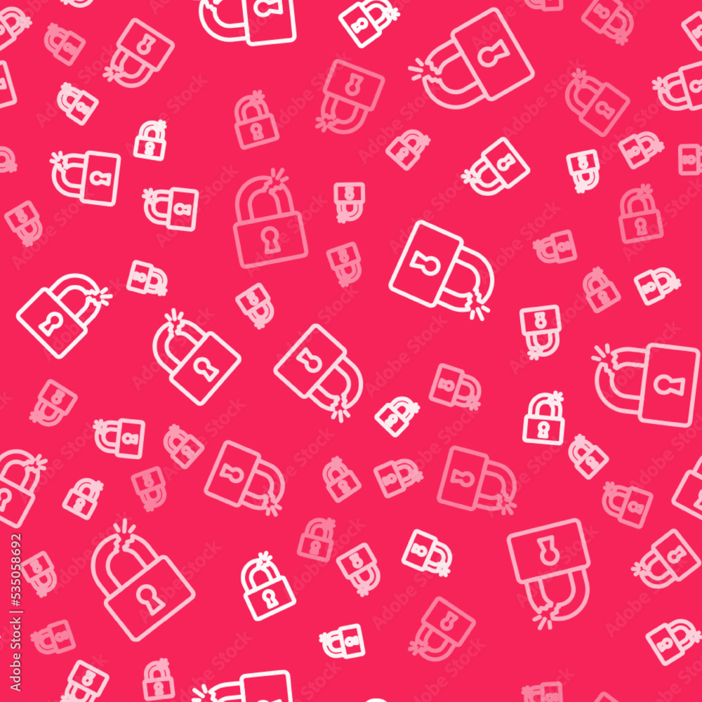 Poster white line broken or cracked lock icon isolated seamless pattern on red background. unlock sign. vec