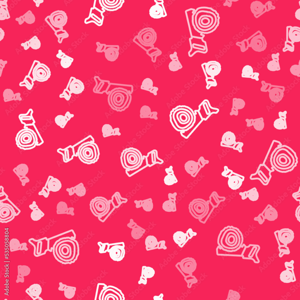 Poster White line Hand saw and log icon isolated seamless pattern on red background. Vector