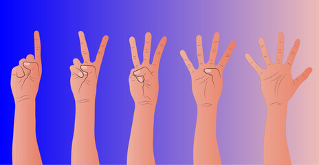 Hands counting by showing fingers. Numbers shown by hands. Variety of modern hand-drawn hand wrists. Cartoon style isolated elements. Trendy hand icons. Counting on fingers.