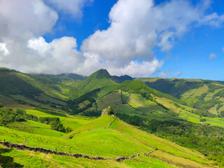 Green volcanic hills landscape at azores, portugal