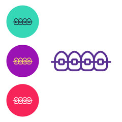 Set line Teeth with braces icon isolated on white background. Alignment of bite of teeth, dental row with with braces. Dental concept. Set icons colorful. Vector
