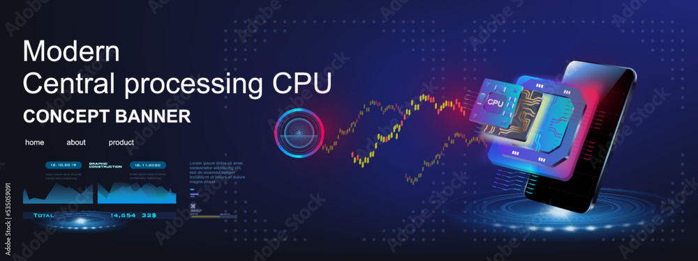 Poster cpu. new generation computer processor. innovative chip for processing large amounts of streaming in