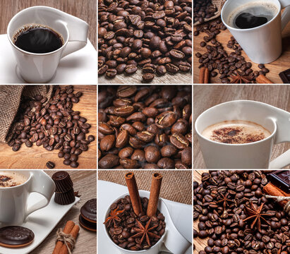 A collage of coffee photos with a white coffee cup and saucer. The photos show cinnamon, coffee beans, star anise, chocolate chip cookies and a piece of dark chocolate.