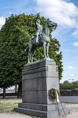 Bronze equestrian statue of Simon Bolivar (1783 –1830), was a Venezuelan military and political leader. {inscription: Simon Bolivar Liberator} Paris, France.