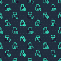 Green line Shield security with lock icon isolated seamless pattern on blue background. Protection, safety, password security. Firewall access privacy sign. Vector