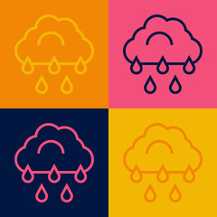 Pop art line Cloud with rain icon isolated on color background. Rain cloud precipitation with rain drops. Vector