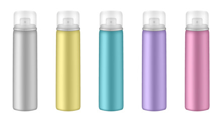 Aluminium tube for hairspray, air freshener container, thermal water spray bottle. White, yellow, purple, green and pink bottles. Realistic mockup of aerosol deodorant or dry shampoo. Transparent cap