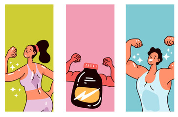 Gym sport fitness card flyer poster isolated set. Vector graphic design element illustration