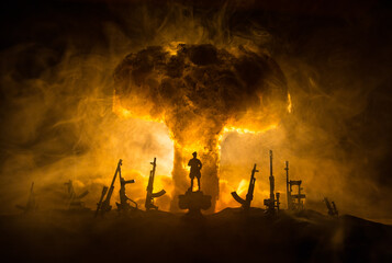 Creative artwork decoration war on Ukraine. Crowd looking on giant explosion and attacking soldiers.