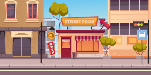 Cafe shop street store coffee house city town outside concept. Vector graphic design element illustration