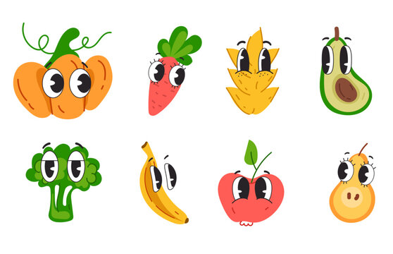 Fruit vegetable character cartoon face expression comic style emotion isolated set. Vector doodle line style design element
